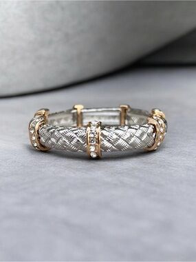 Elegant Two-Tone Braided Silver and Gold Crystal Stretch Bracelet